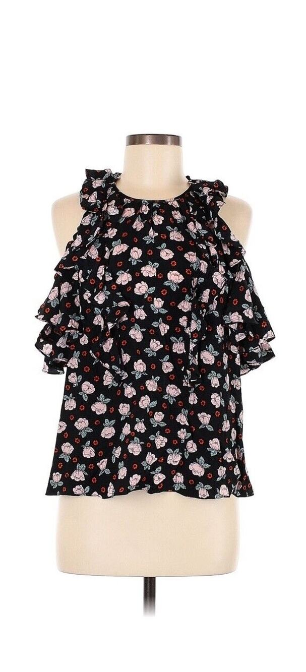 Rebecca Taylor Black Sleeveless Cold Shoulder Floral Ruffled Blouse Top Shirt 8